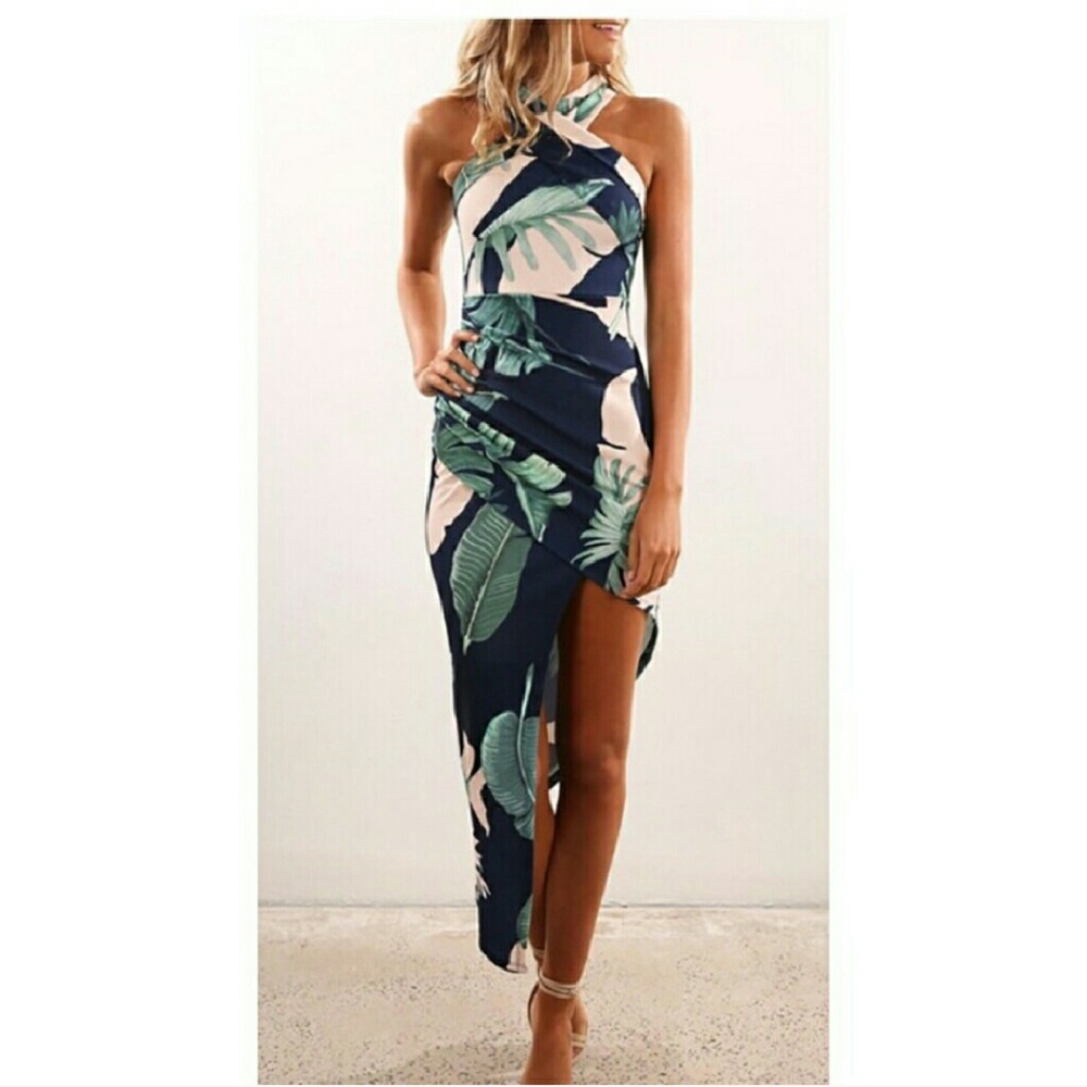 Criss-Cross Halter Asymmetrical Palm Frond Dress
